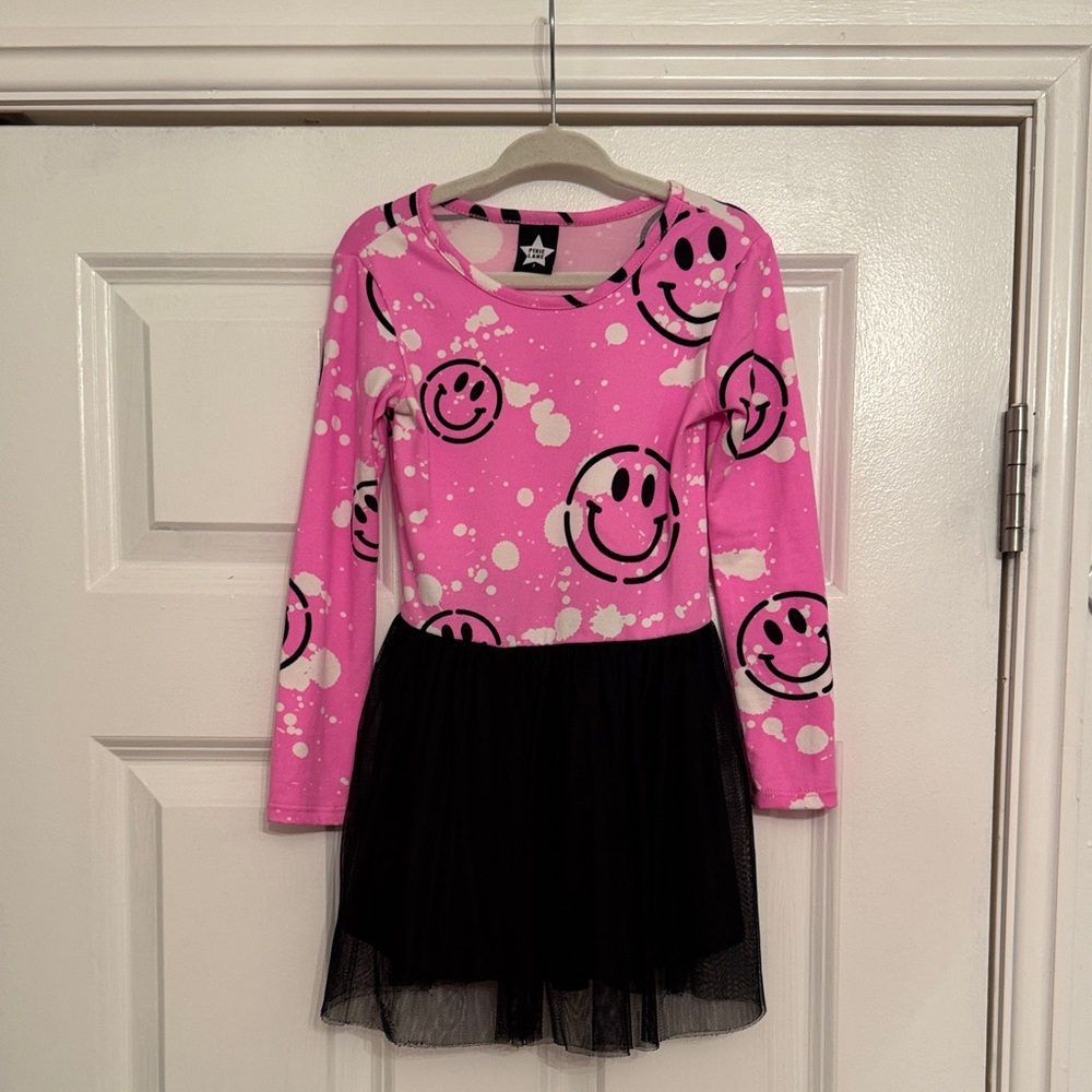 PixieLane Pink Smiley Face Dress with Black Skirt